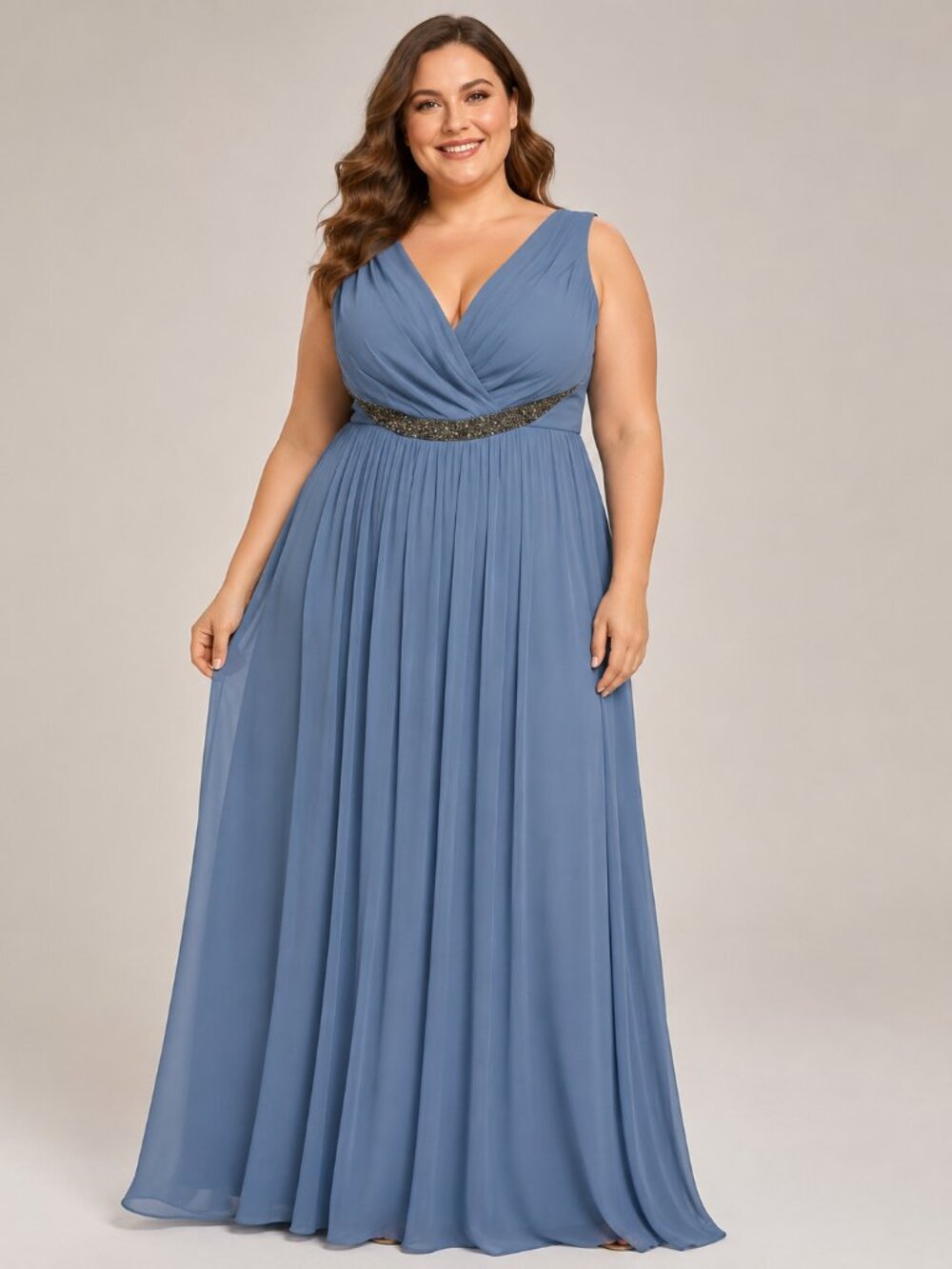 David’s Bridal Sky Blue Pleated Formal Gown Rhinestone Accent Dress